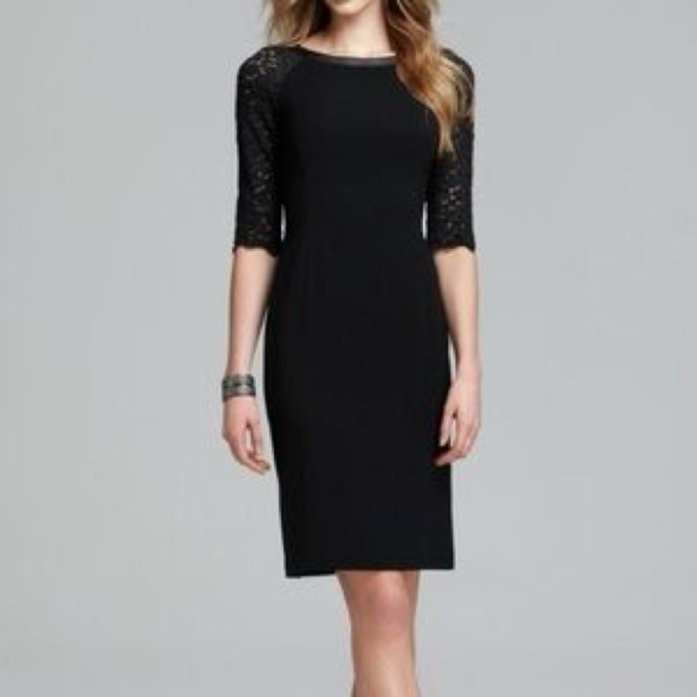 Lafayette 148 Bateau Leather Trim Knee Length Sheath Dress Lace Black Sz 16